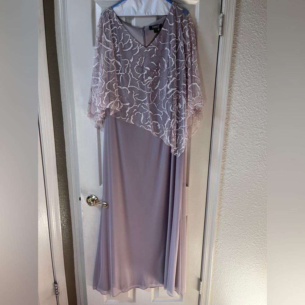 R&M Richards Taupe Dress with Asymmetrical Lace and sequin cover